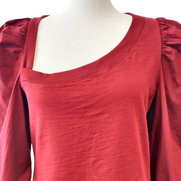 Nation LTD Womens Size M Red Tori Asymmetric Neck Combo Puff Sleeve Cotton Top - Picture 4 of 10
